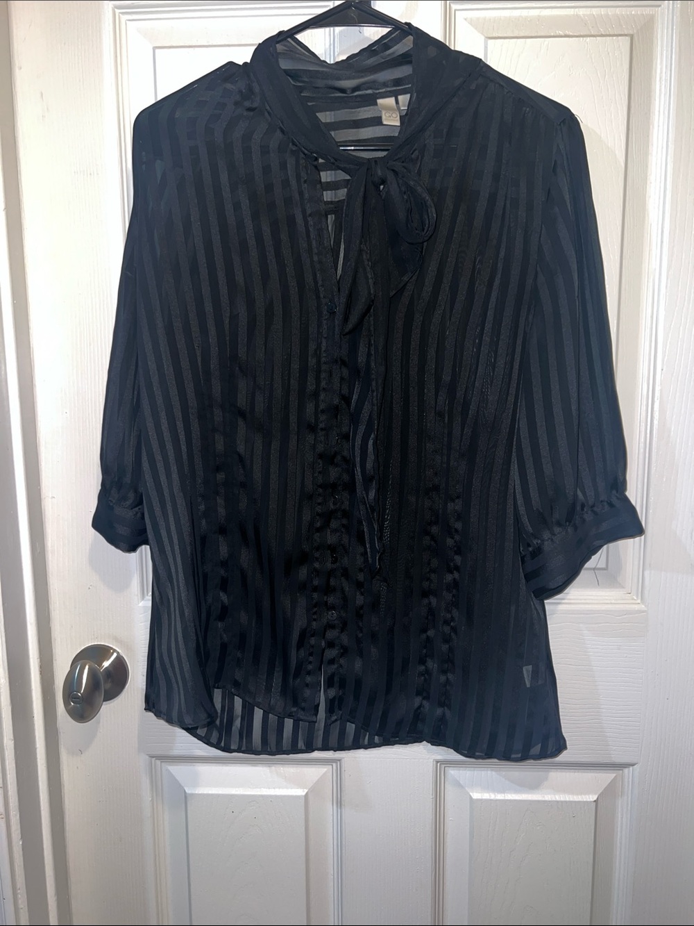 Black Sheer Striped Tie-Neck Blouse - Women
